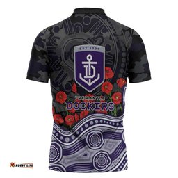 Fremantle Dockers ANZAC Day Zipper Polo Shirt Indigenous Dot Art with Poppy Flower Tribute TS04