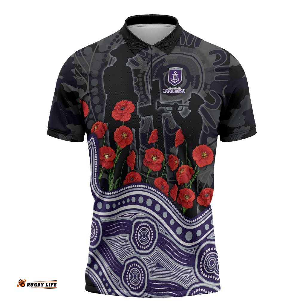 Fremantle Dockers ANZAC Day Zipper Polo Shirt Indigenous Dot Art with Poppy Flower Tribute TS04