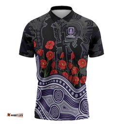 Fremantle Dockers ANZAC Day Zipper Polo Shirt Indigenous Dot Art with Poppy Flower Tribute TS04