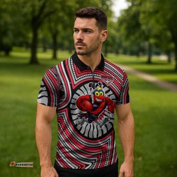 Essendon Football Club Zipper Polo Shirt Indigenous Monochrome Dot Art Mascot Style TS04