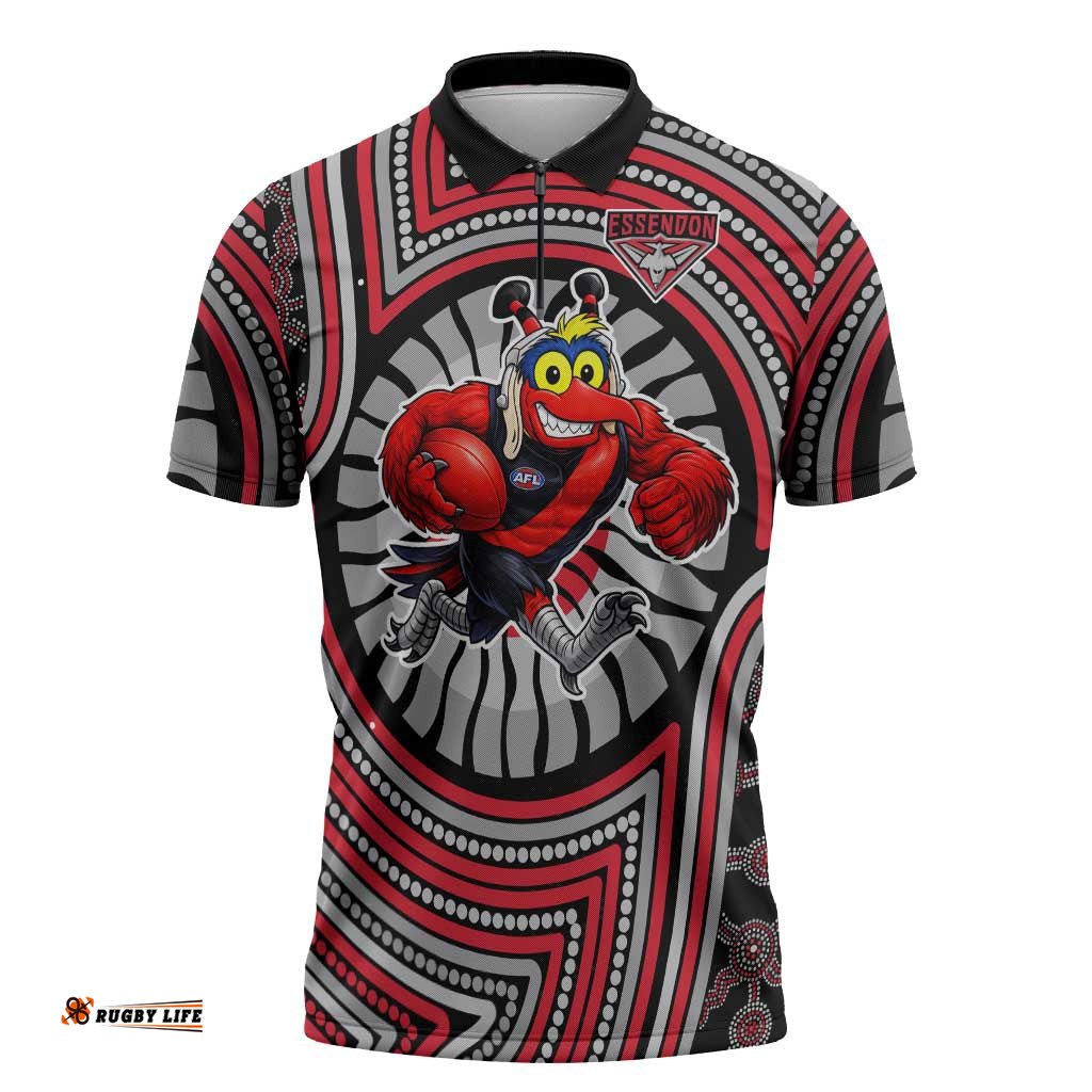 Essendon Football Club Zipper Polo Shirt Indigenous Monochrome Dot Art Mascot Style TS04