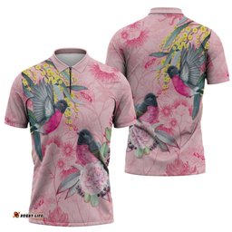 Birds and Floral Aussie Pink Robins Zipper Polo Shirt Rosy Glow LT7