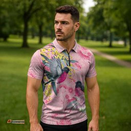 Birds and Floral Aussie Pink Robins Zipper Polo Shirt Rosy Glow LT7