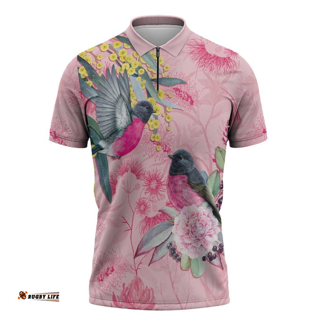 Birds and Floral Aussie Pink Robins Zipper Polo Shirt Rosy Glow LT7