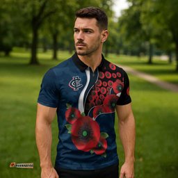 Carlton Blues ANZAC Personalised Zipper Polo Shirt Lest We Forget Poppy Camo LT9