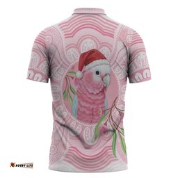 Funny Pink Galah Australia Christmas Zipper Polo Shirt Eucalyptus Blossoms Aboriginal Art LT14