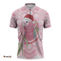 Funny Pink Galah Australia Christmas Zipper Polo Shirt Eucalyptus Blossoms Aboriginal Art LT14