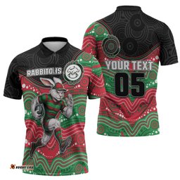 Custom Rabbitohs Zipper Polo Shirt Rabbit Mascot With Aboriginal Indigenous DT05
