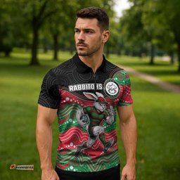 Custom Rabbitohs Zipper Polo Shirt Rabbit Mascot With Aboriginal Indigenous DT05