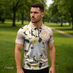 Australia Long-billed Corella Zipper Polo Shirt Cacatua Tenuirostris Plumeria Aboriginal Art LT14