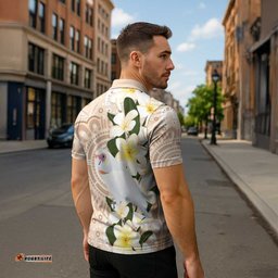 Australia Long-billed Corella Zipper Polo Shirt Cacatua Tenuirostris Plumeria Aboriginal Art LT14