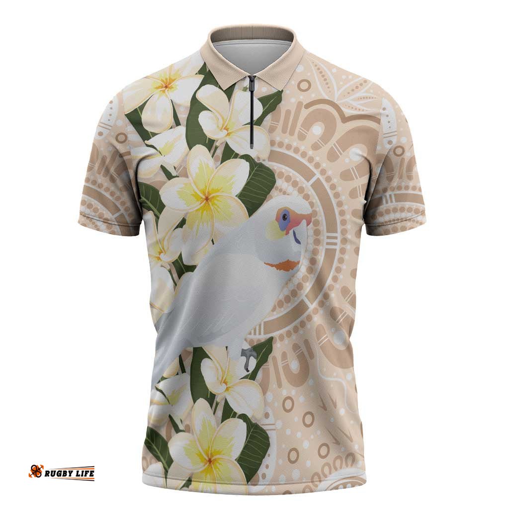 Australia Long-billed Corella Zipper Polo Shirt Cacatua Tenuirostris Plumeria Aboriginal Art LT14