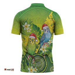 Budgerigar Australia Christmas Zipper Polo Shirt Budgies Golden Wattle Aboriginal Green LT14