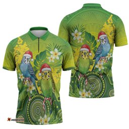 Budgerigar Australia Christmas Zipper Polo Shirt Budgies Golden Wattle Aboriginal Green LT14