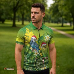 Budgerigar Australia Christmas Zipper Polo Shirt Budgies Golden Wattle Aboriginal Green LT14