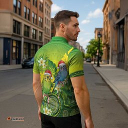 Budgerigar Australia Christmas Zipper Polo Shirt Budgies Golden Wattle Aboriginal Green LT14