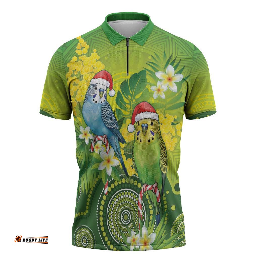 Budgerigar Australia Christmas Zipper Polo Shirt Budgies Golden Wattle Aboriginal Green LT14