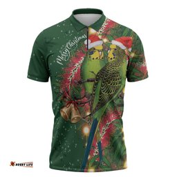 Green Budgerigars on Callistemon Zipper Polo Shirt Merry Christmas Aussie LT7