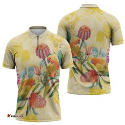 Birds and Floral Aussie Lorikeet Zipper Polo Shirt Pastel Yellow LT7