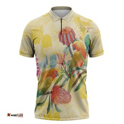 Birds and Floral Aussie Lorikeet Zipper Polo Shirt Pastel Yellow LT7