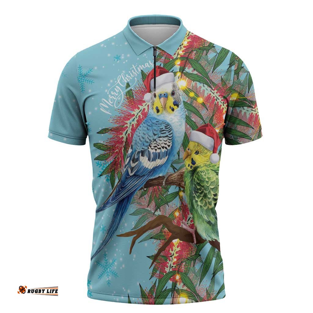 Blue Budgies on Callistemon Zipper Polo Shirt Merry Christmas Aussie LT7