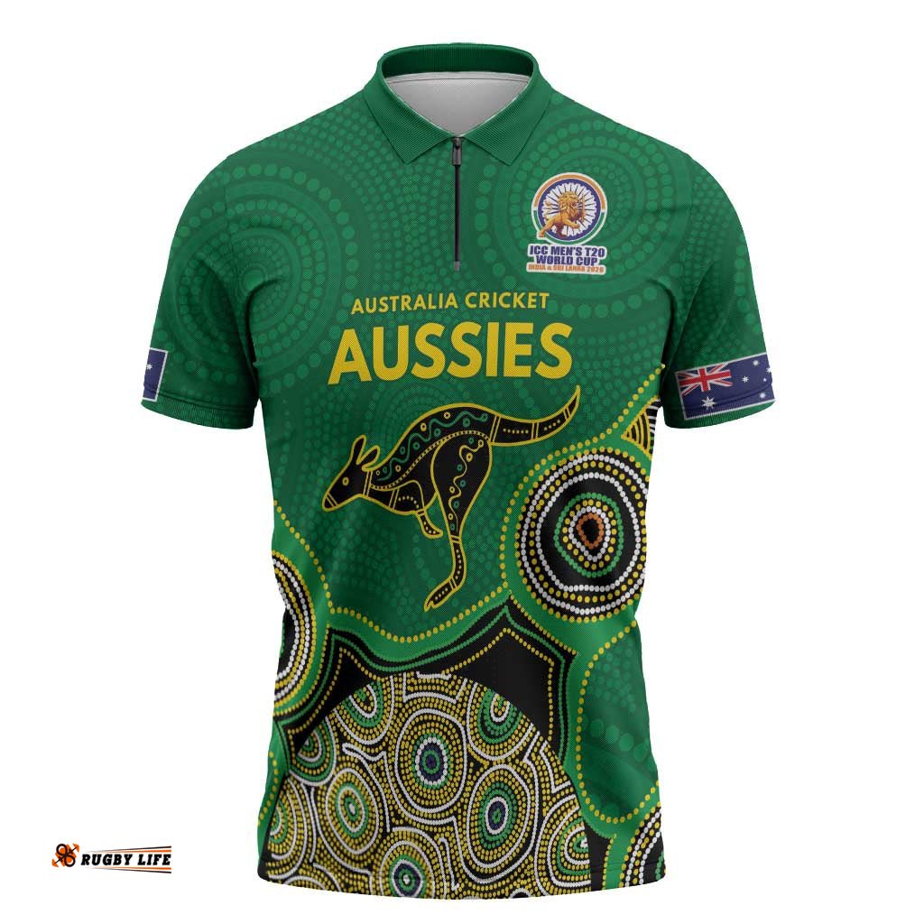 Custom Australia Cricket Spirit 2026 Zipper Polo Shirt World T20 Edition - Green Aboriginal LT9