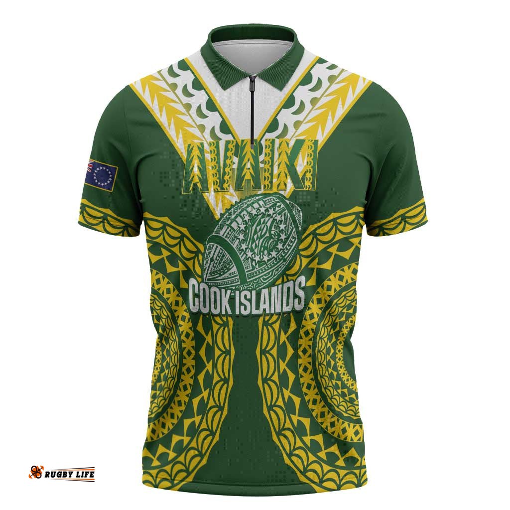 Custom Avaiki Cook Islands Rugby Zipper Polo Shirt Kuki Airani Tatau Green LT14