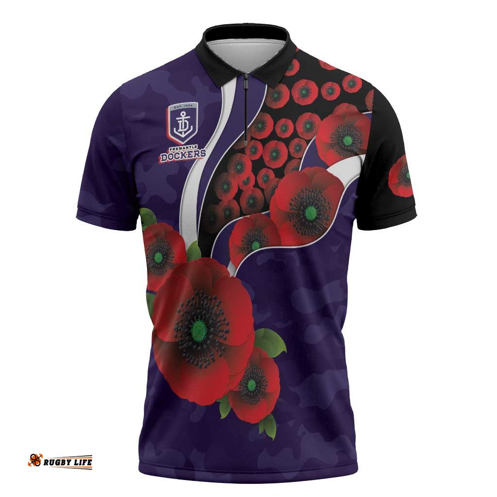 Fremantle Dockers ANZAC Personalised Zipper Polo Shirt Lest We Forget Poppy Camo LT9