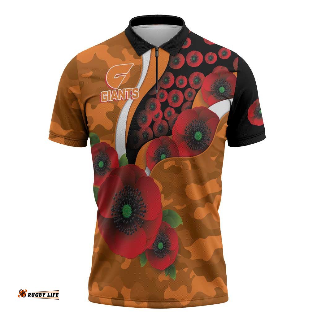 Greater Giants ANZAC Personalised Zipper Polo Shirt Lest We Forget Poppy Camo LT9