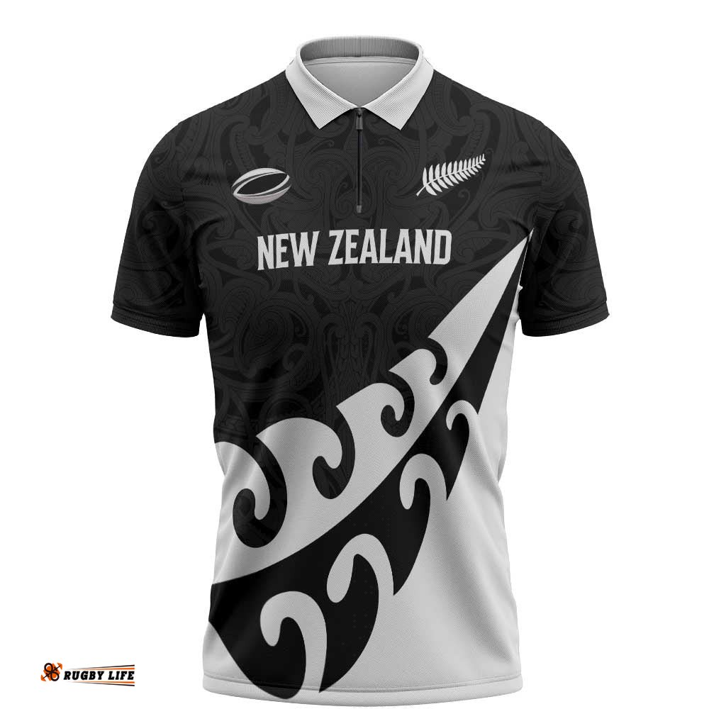 Custom NZ Rugby Zipper Polo Shirt Koru and Silver Fern Sporty Style LT03