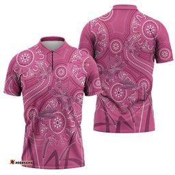 Australia Indigenous Pink Month Zipper Polo Shirt Breast Cancer Aboriginal Dragonflies Ribbon LT14