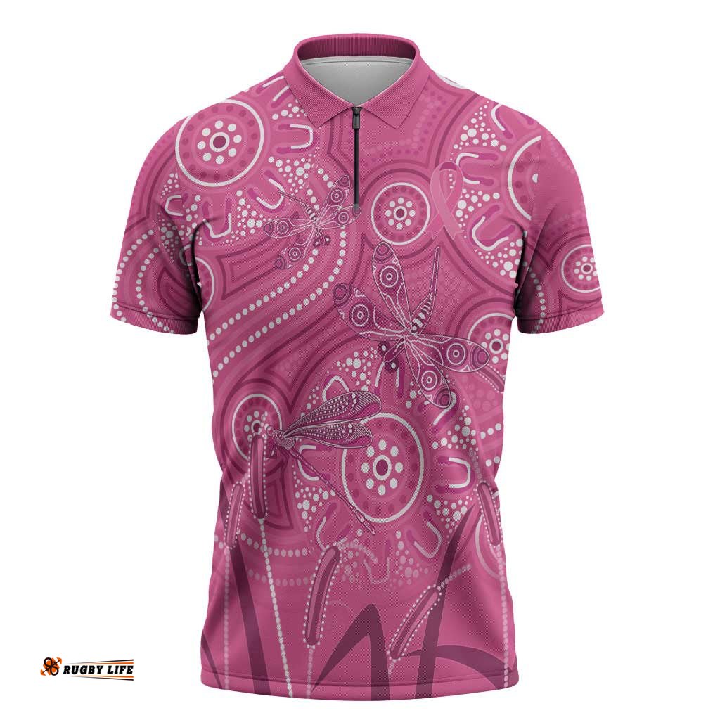 Australia Indigenous Pink Month Zipper Polo Shirt Breast Cancer Aboriginal Dragonflies Ribbon LT14