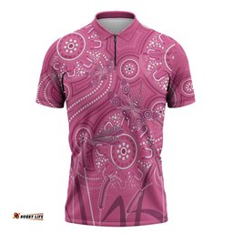 Australia Indigenous Pink Month Zipper Polo Shirt Breast Cancer Aboriginal Dragonflies Ribbon LT14