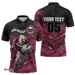 Custom Sea Eagles Zipper Polo Shirt Bird Mascot With Aboriginal Indigenous DT05