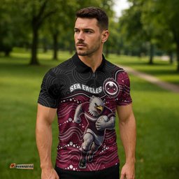 Custom Sea Eagles Zipper Polo Shirt Bird Mascot With Aboriginal Indigenous DT05