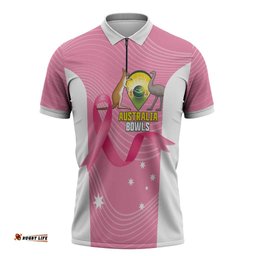 Custom Bowls Australia Breast Cancer Zipper Polo Shirt Pink Ribbon Aussie Map With Kangaroo Emu LT14