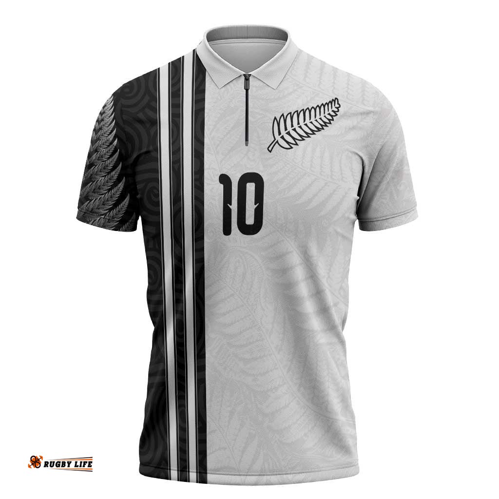 Custom New Zealand Football Zipper Polo Shirt Silver Fern and Maori Tribal Black White Half Sporty Style LT03