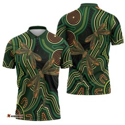 Green Indigenous Dragonfly Australia Zipper Polo Shirt Aboriginal Art LT14