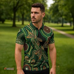 Green Indigenous Dragonfly Australia Zipper Polo Shirt Aboriginal Art LT14