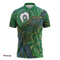 Torres Strait Islands Zipper Polo Shirt Indigenous Ocean Wave Dot Green Color TS04