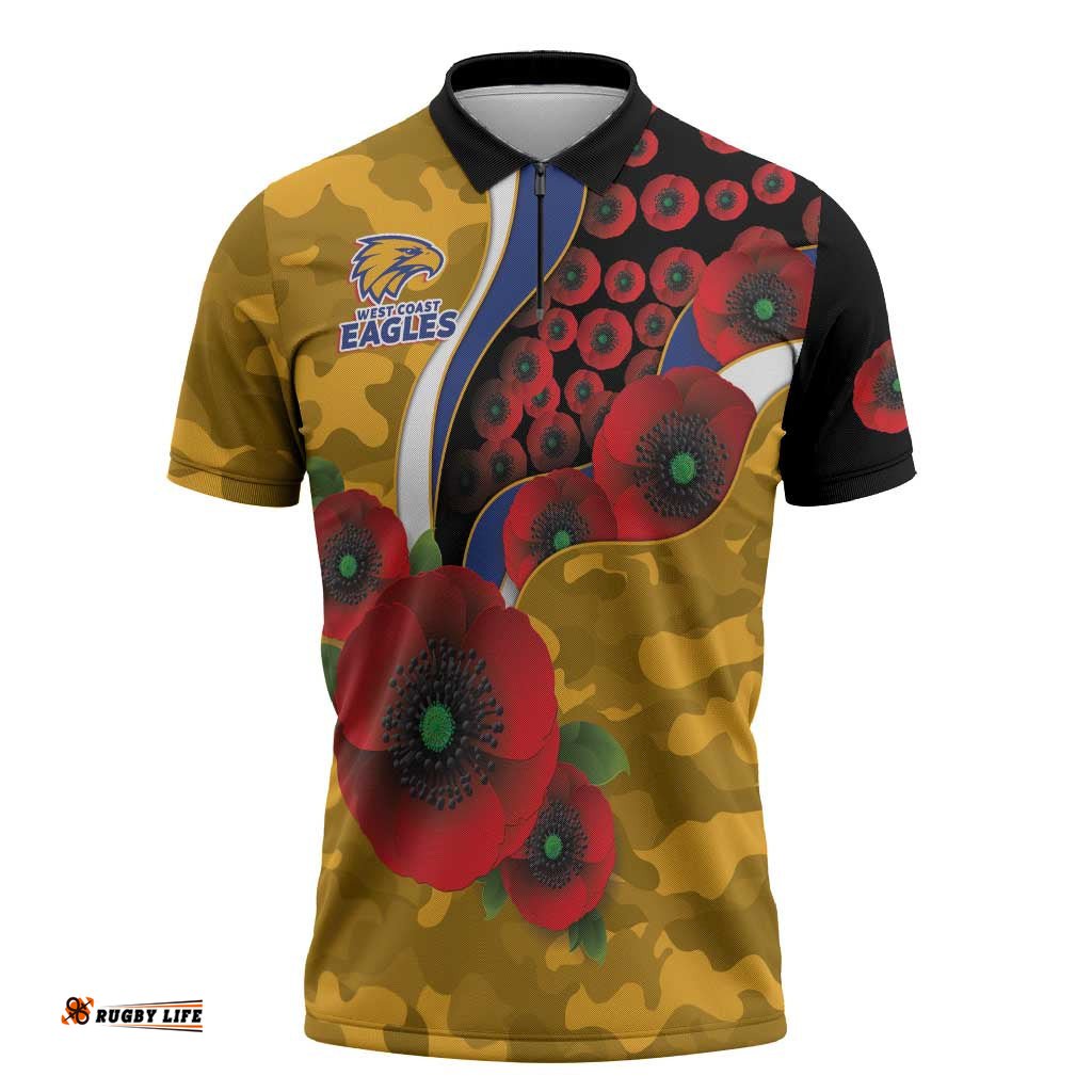 West Eagles ANZAC Personalised Zipper Polo Shirt Lest We Forget Poppy Camo LT9