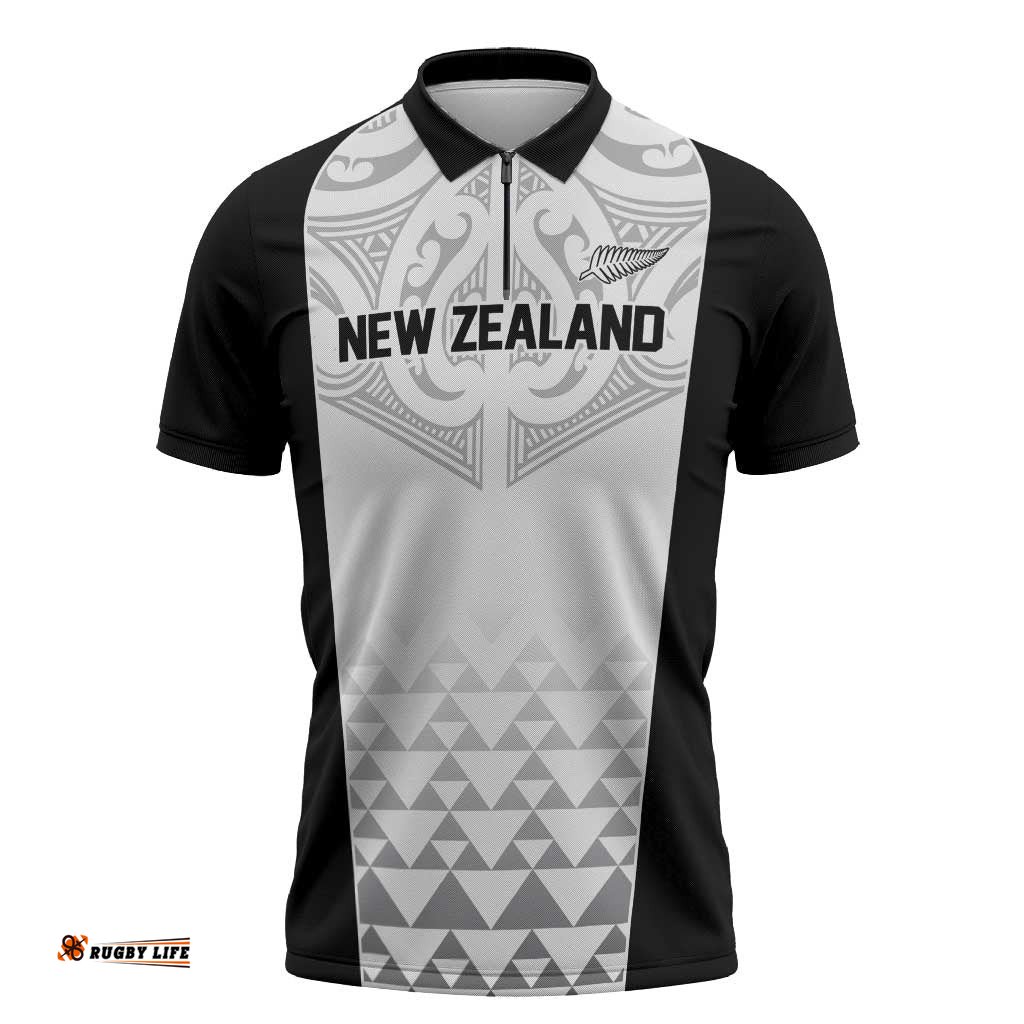 World Football 2026 New Zealand Custom Zipper Polo Shirt All White Fern Maori Tribal LT9