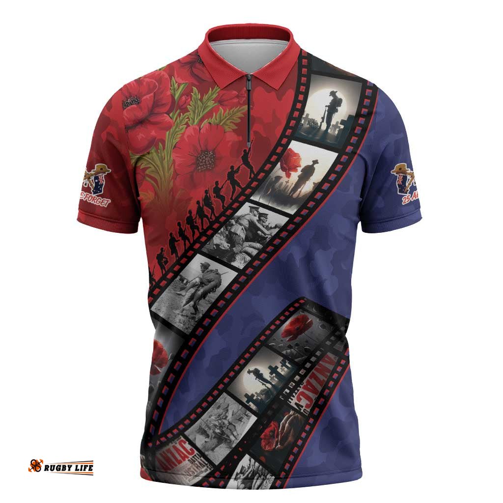 Personalised ANZAC Spirit 1915-2026 Filmstrip Tribute Zipper Polo Shirt Lest We Forget 25 April LT9