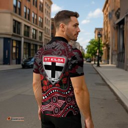 St Kilda Saints ANZAC Day Zipper Polo Shirt Indigenous Dot Art with Poppy Flower Tribute TS04