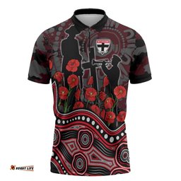 St Kilda Saints ANZAC Day Zipper Polo Shirt Indigenous Dot Art with Poppy Flower Tribute TS04