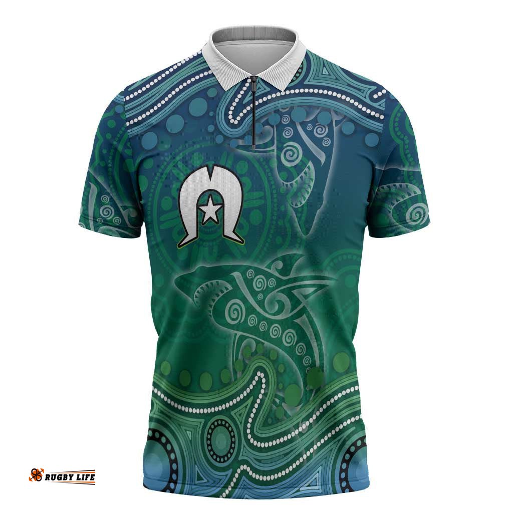 Torres Strait Islands Zipper Polo Shirt Shark Indigenous Australian Tribal Dot Art TS04