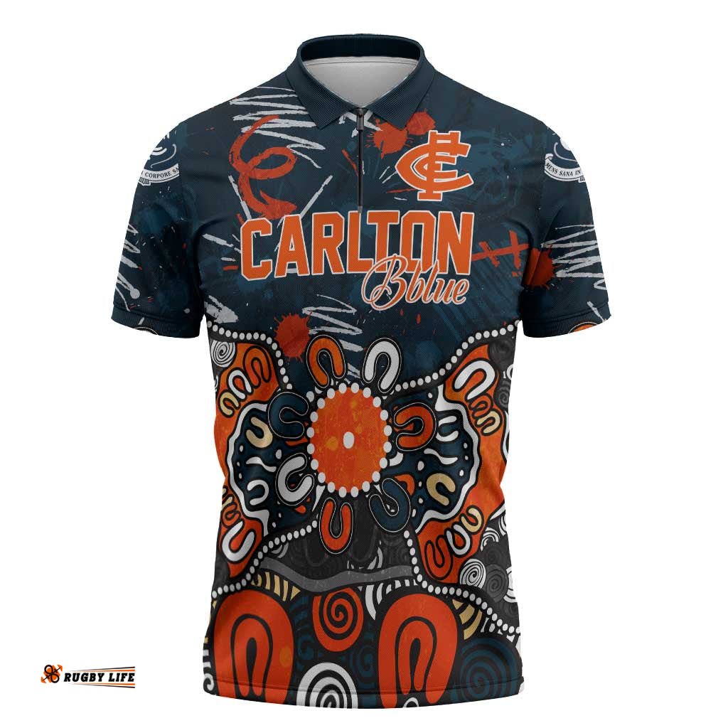 Personalized Carlton Blues Zipper Polo Shirt Aboriginal Dot Painting Graffiti Style TS04