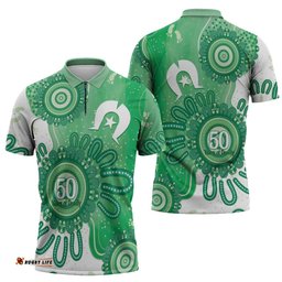 NAIDOC Week 2026 Zipper Polo Shirt 50 Years Deadly Dhari Green Aboriginal Art LT14