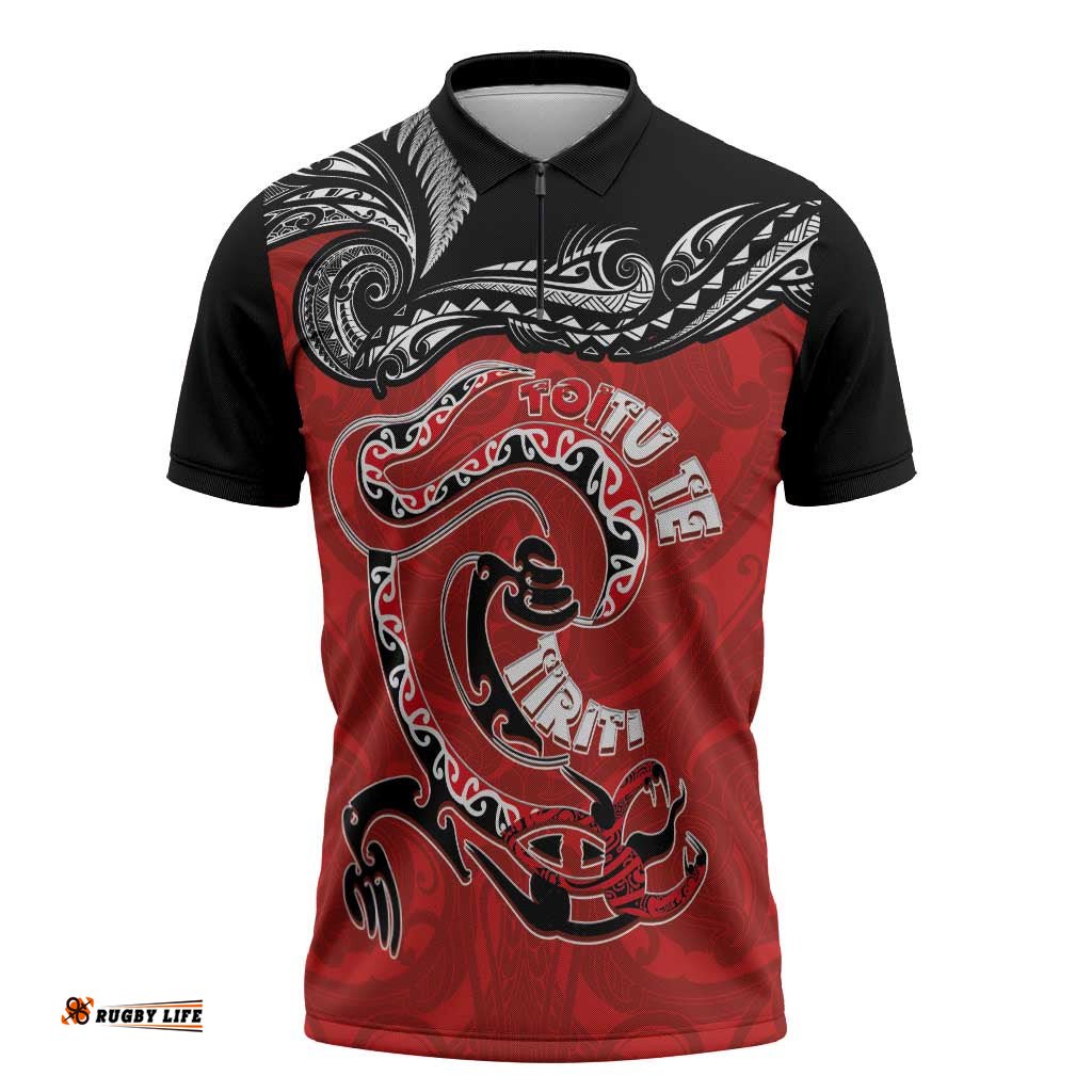 Personalised Aotearoa Toitu Te Tiriti Zipper Polo Shirt Taniwha Tribal Motifs LT03