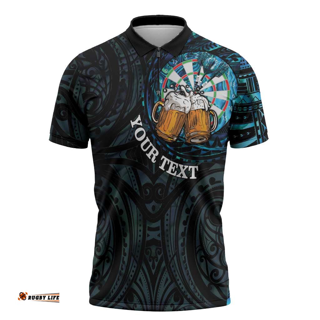 Personalized New Zealand Darts Beer Zipper Polo Shirt Paua Shell Aotearoa Maori Tattoo LT14
